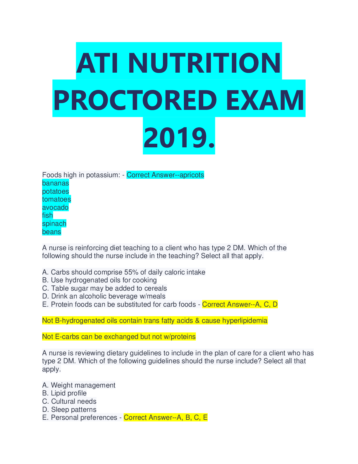Preview image for ATI NUTRITION PROCTORED EXAM 2019. QUESTIONS WITH VERIFIED ANSWERS